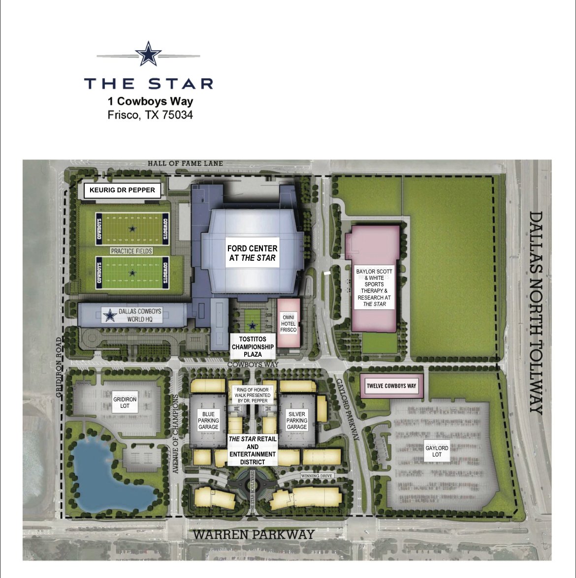 Site map of The Star showing the plaza, garages and lots
